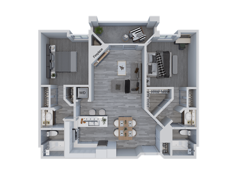 Floor plan for 2 beds, 2 baths, 1010 sqft